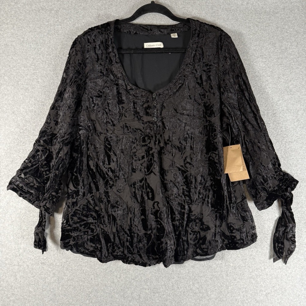 Coldwater creek blouse womens XL 18 black velvet velour tie cuff shirt top